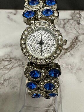 Suzanne Somers Watch Women Silver Tone Blue Rhinestone Bling Band New Battery